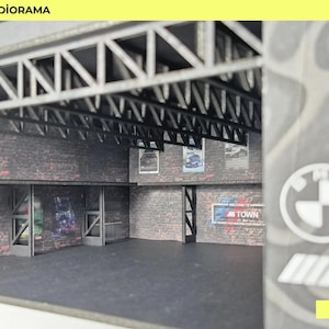 Diorama de taller mecánico a escala 1/64 (DXF): archivos de escena de taller cortados con láser + fondos de pantalla imprimibles