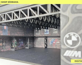 Diorama de taller mecánico a escala 1/64 (DXF): archivos de escena de taller cortados con láser + fondos de pantalla imprimibles