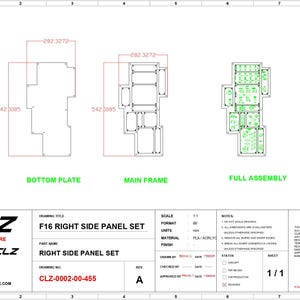 May include: A technical drawing titled F16 RIGHT SIDE PANEL SET, showing a bottom plate, main frame, and full assembly. The diagrams include dimensions of 282.3272 mm by 542.0085 mm. The document includes a title block with CLZ DESIGNSTORE branding.