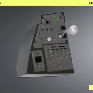 May include: A 3D digital model of an F-16 left console featuring a dark gray control panel with various switches, knobs, and a throttle lever. The image includes text labels reading F-16 F-16 LEFT CONSOLE, STL STEP DXF PARASOLID, and DIGITAL DOWNLOAD.
