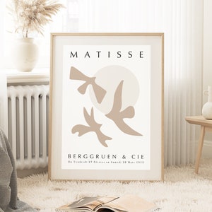 Póster de pájaros de Matisse, arte mural beige, arte imprimible neutro, exposición Matisse vintage, decoración minimalista moderna de mediados de siglo, impresión digital
