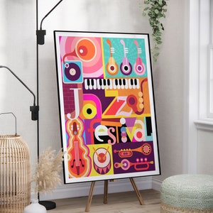 Impresión de festival de música, arte geométrico colorido, póster musical vibrante, amante de la música, decoración de pared contemporánea, sala de estar u oficina, digital