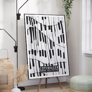 Póster del festival de jazz de Copenhague, impresión para amantes del jazz, arte mural de piano en blanco y negro, arte abstracto, descarga digital para decoración de sala de estar u oficina