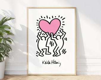 キース・ヘリング ラブプリント：ピンクハートモダンアート（デジタルダウンロード）