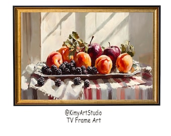 Obraz olejny Peach Apple Mulberry Frame Art TV, sztuka kosza z owocami, rustykalna kuchnia w wiejskim domu, cyfrowe pobieranie Frame Art TV MJ-123