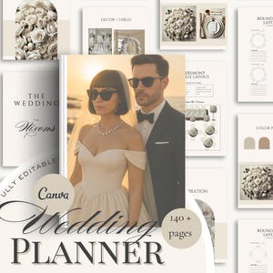 May include: A wedding planner featuring a couple in sunglasses on the cover. The planner includes pages for ceremony layout, colour palette, and round table layout. The cover reads "Canva Wedding Planner" and "140+ pages."