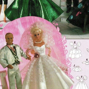 May include: A set of Barbie doll clothing patterns featuring a variety of styles, including a green gown, a white wedding dress, and a black and white dress. The patterns include instructions for making the dresses and accessories.