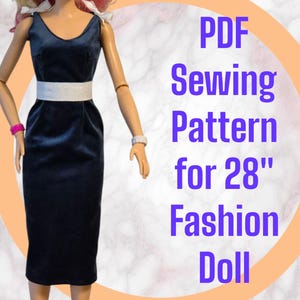 May include: PDF Sewing Pattern for 28" Fashion Doll. The pattern is for a dark blue dress with a white belt.