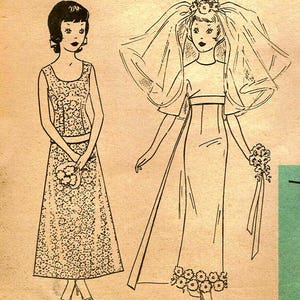 Puede incluir: Ilustración de línea de dos mujeres con vestidos. La mujer de la izquierda lleva un vestido sencillo con un estampado floral. La mujer de la derecha lleva un vestido de novia con velo y un ribete floral.