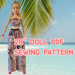 May include: A doll wearing a two-piece outfit with a floral pattern. The doll is wearing a matching headband and shoes. The text on the image reads "28" DOLL PDF SEWING PATTERN".