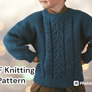 May include: A teal blue knitted jumper with a cable knit pattern. The jumper has a crew neck and long sleeves.  PDF Knitting Pattern.