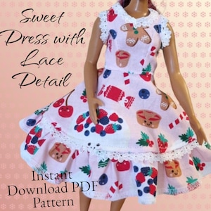 May include: A pink and white dress with a gingerbread, candy, and berry print. The dress has a white lace trim and a ruffled skirt. The dress is for a doll. "Sweet Dress with Lace Detail" and "Instant Download PDF Pattern" are written on the image.