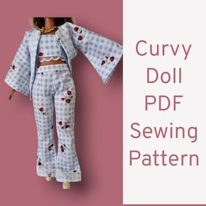 May include: A PDF sewing pattern for a curvy doll outfit. The outfit is a three-piece set with a gingham top, a gingham crop top, and gingham trousers. The fabric has a light blue and white gingham pattern with red floral accents.