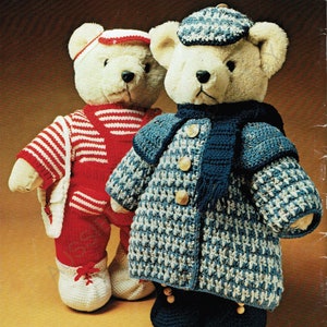 May include: Two crocheted teddy bear outfits, one in red and white stripes and the other in blue and white checkered pattern. The outfits are shown on two teddy bears. The image is from a vintage knitting pattern book titled "Patons dolls clothes 23 designs".