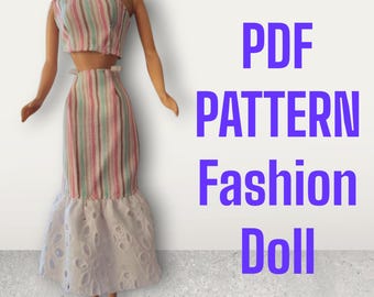 2 piece Party Outfit for 30cm Fashion doll. Easy PDF sewing pattern.