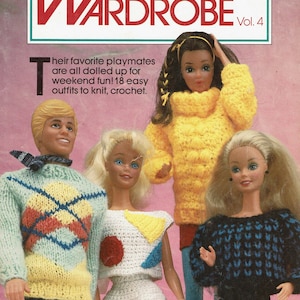 May include: A book cover featuring a group of fashion dolls wearing knitted and crocheted outfits. The book title is "McCall's Fashion Doll Wardrobe Vol. 4" and the text reads "Their favorite playmates are all dolled up for weekend fun! 18 easy outfits to knit, crochet."