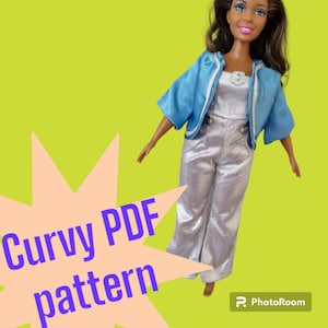 May include: A doll wearing a silver jumpsuit and a light blue jacket. The doll has brown hair and brown eyes. The image has the text "Curvy PDF pattern" on a peach starburst.