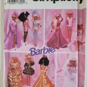 May include: Simplicity Barbie doll pattern featuring various doll designs. The dolls are dressed in a variety of outfits, including gowns, dresses, and suits. The pattern includes the Barbie logo and the text "ONE SIZE".