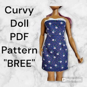 May include: A PDF pattern for a blue and white floral dress for a curvy doll. The pattern is called "BREE".