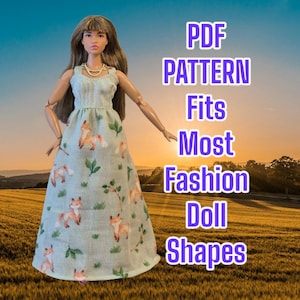May include: A PDF pattern for a doll dress with a fox print. The dress is light blue with green leaves and orange foxes. The text "PDF PATTERN Fits Most Fashion Doll Shapes" is in purple text on a white background.
