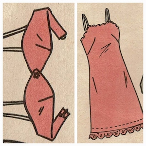 May include: A pink bra and a pink slip dress with lace trim. Both garments are shown in a vintage illustration.