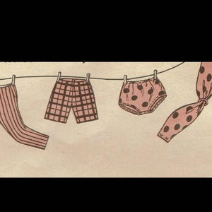 May include: A line of pink and white patterned clothing hanging on a washing line. The clothing includes trousers, shorts, underwear, and a scarf.