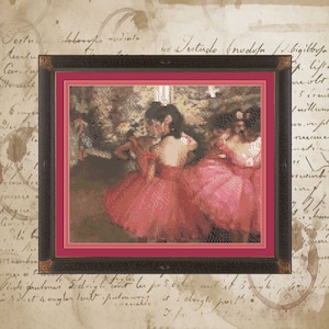 May include: A painting of three ballerinas in pink tutus, set against a backdrop of a stage with a dark wooden floor. The ballerinas are in various poses, with their arms outstretched and their legs gracefully extended.
