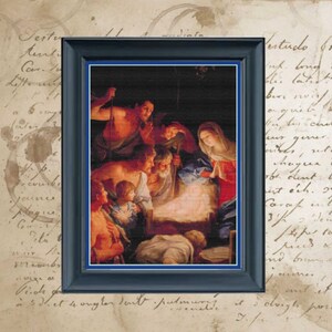May include: A framed painting depicting the Nativity scene. The painting features a dark background with a group of people gathered around a manger. The baby Jesus is lying in the manger, surrounded by Mary, Joseph, and other figures. The painting is set in a dark, rustic setting, with a sense of warmth and light emanating from the manger.