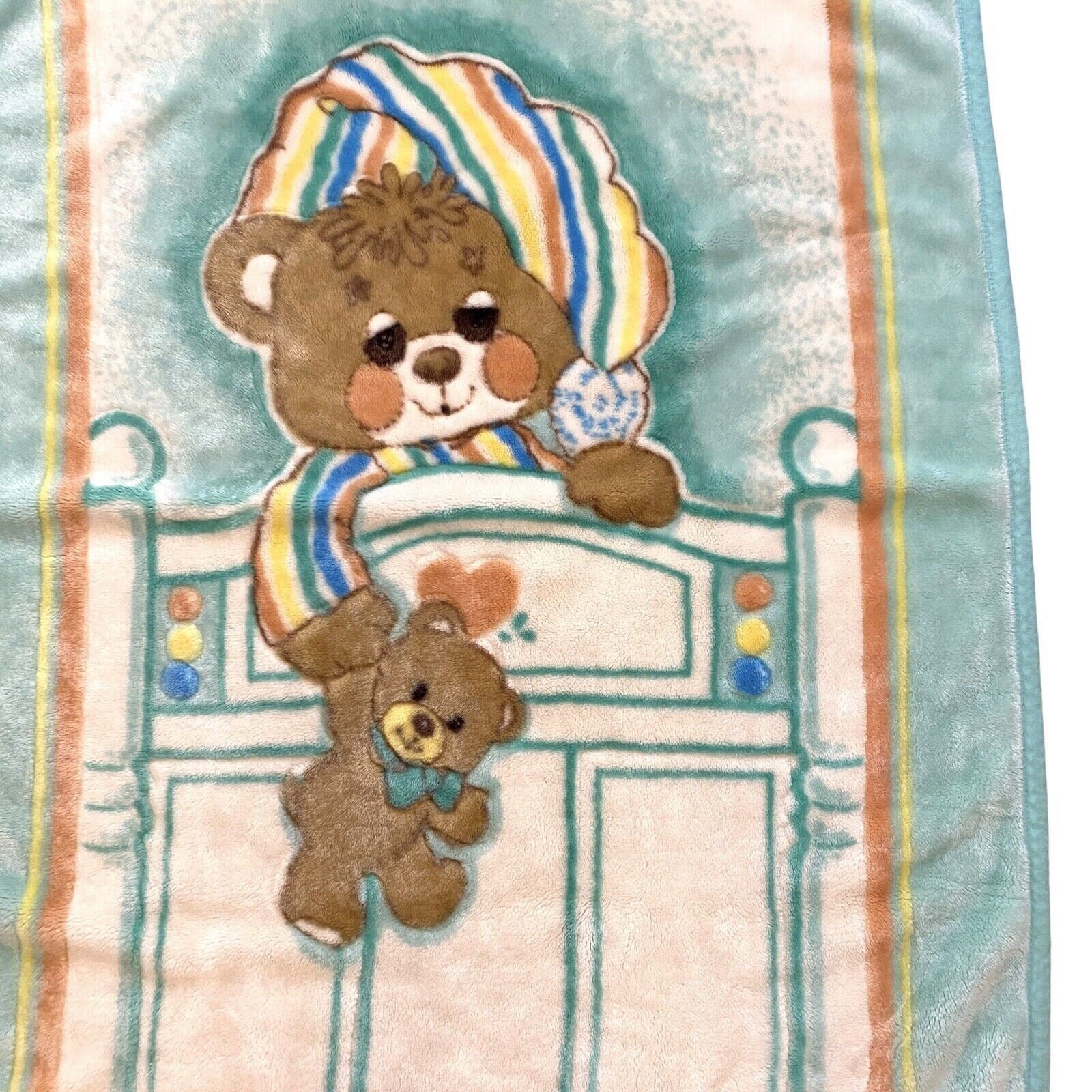 Vintage Baby Blanket Sleepy Bedtime Teddy Bear Super Baby Teal Peach Cute 39x55 Etsy