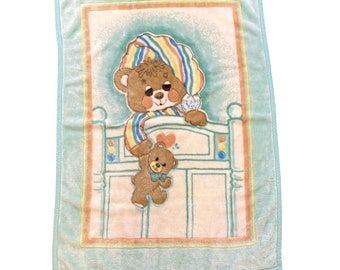 Vintage bebé manta sueño hora de dormir oso de peluche súper bebé verde azulado melocotón lindo 39x55