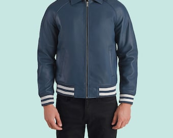 Giacca da motociclista in pelle blu da uomo, giacca in pelle, moda invernale da uomo, il miglior regalo per lui, giacca da uomo con cerniera, giacca da college in pelle blu