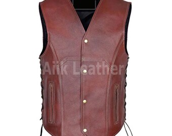 Genuine Cowhide Leather Western Sleeveless Vest Brown leather men's vest, Leather Riding Vest, Motorcycle Vest, Leather Vest For Dad