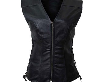 Custom Black Leather Motorcycle Vest for Women | Real Leather Biker Vest | Slim Fit Biker Vest | Women's Leather Vest, Ladies Leather vest