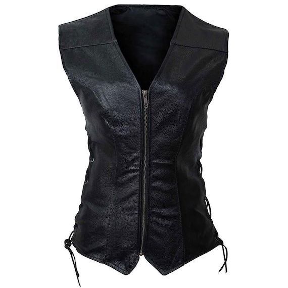 Custom Black Leather Motorcycle Vest for Women | Real Leather Biker Vest | Slim Fit Biker Vest | Women's Leather Vest, Ladies Leather vest