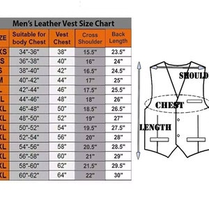 May include: A size chart for leather vests, showing measurements for chest, shoulder, and back length in inches. The chart includes sizes from XXS to 9XL.