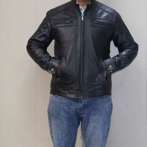Men's Handmade Black Biker Genuine Soft High Class Leather Jacket-Men Real Sheepskin Leather Jacket-Moto Vintage 80's Leather Zipper Jacket