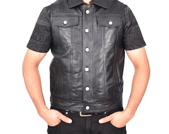 Colete masculino clássico estilo caminhoneiro, couro legítimo, sem mangas, preto, colete de couro para montaria, colete de motociclista, coletes de couro para ele e seu pai