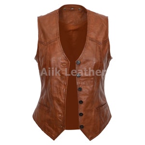 Bruin leren vest: echt motorbikervest voor dames afbeelding 2