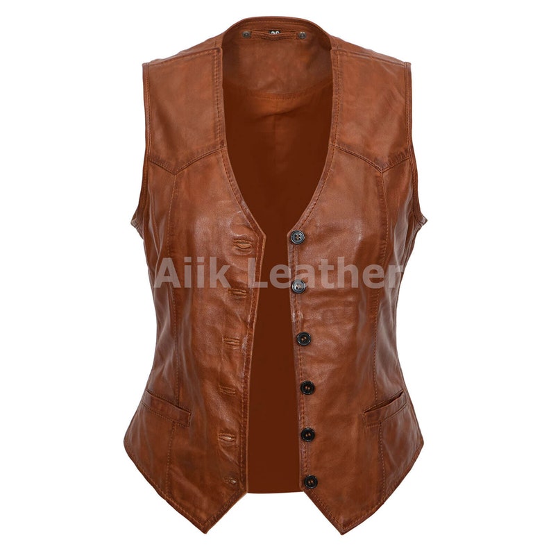 Bruin leren vest: echt motorbikervest voor dames afbeelding 2