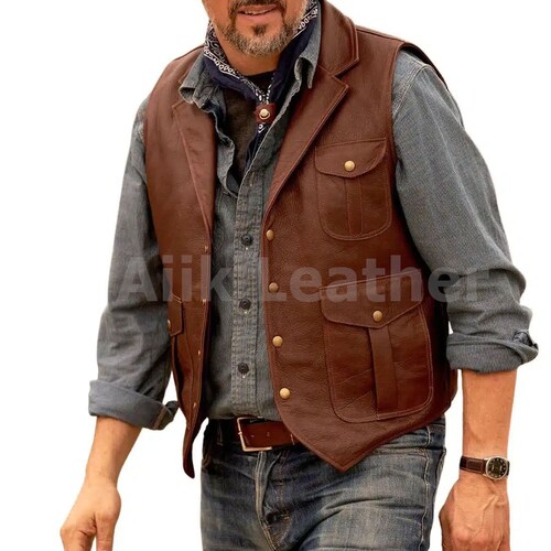 Men Genuine Cowhide Leather Western Sleeveless Vest Brown Leather