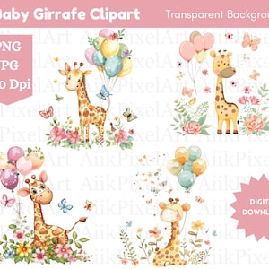 Cute Watercolor Giraffe Clipart Bundle - 4 PNG and JPG, Baby Giraffe Floral PNG, Jungle Safari Animal Clipart, Baby Shower Graphics