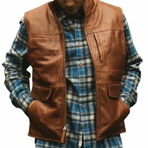 Men&#39;s Leather Vest Soft Real Cow Leather Biker Vest Jacket Real Leather Brown Motorcycle Vest, Genuine Leather Sleeveless Vest, Gift for Him