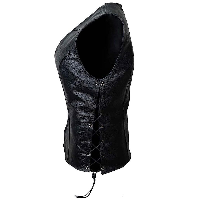May include: Black leather vest with a lace-up side detail. The vest has a V-neck and a fitted silhouette. The side lacing adds a decorative element. This vest is a classic piece of outerwear.