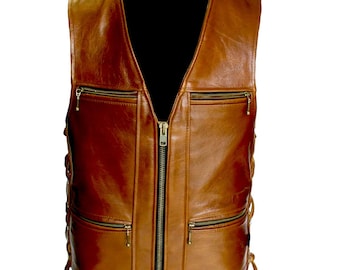 Chaleco vaquero occidental auténtico sin mangas para hombre. Chaleco de cuero marrón para hombre, chaleco de montar de cuero, chaleco de motocicleta, chaleco de cuero para hombre, regalo para él.