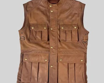 Men Genuine Cowhide Leather Western Sleeveless Vest Brown leather men's vest, Leather Riding Vest, Motorcycle Vest, Leather Vest For Dad