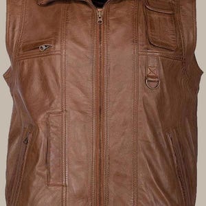 Men&#39;s Brown leather Sheepskin vest, Genuine leather vest, Hunting vest, Fishing Vest, Casual Biker vest, Vintage Leather vest, Cowboy Vest