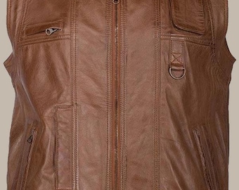 Men's Brown leather Sheepskin vest, Genuine leather vest, Hunting vest, Fishing Vest, Casual Biker vest, Vintage Leather vest, Cowboy Vest