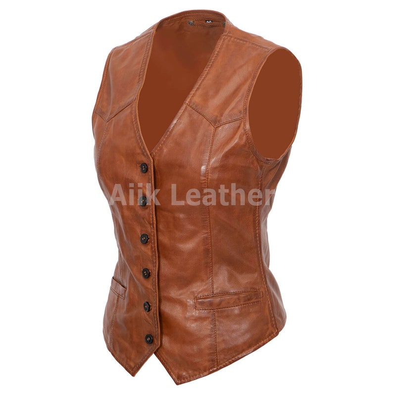 Bruin leren vest: echt motorbikervest voor dames afbeelding 4