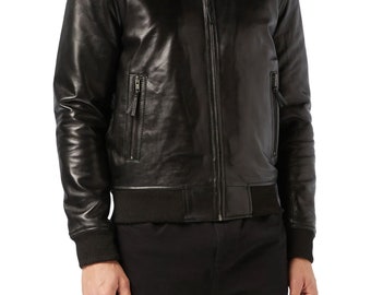 Chaqueta de motociclista con cuello, hecha a mano, de cuero vintage para hombre, chaqueta de cuero negra, estilo motociclista, chaqueta de cuero bomber.