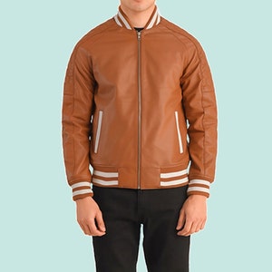 Men&#39;s Handmade Vintage Leather Varsity Jacket, Leather Jacket, Motorcycle Biker Style Jacket, Bomber Leather Jacket, Party Jacket Brown
